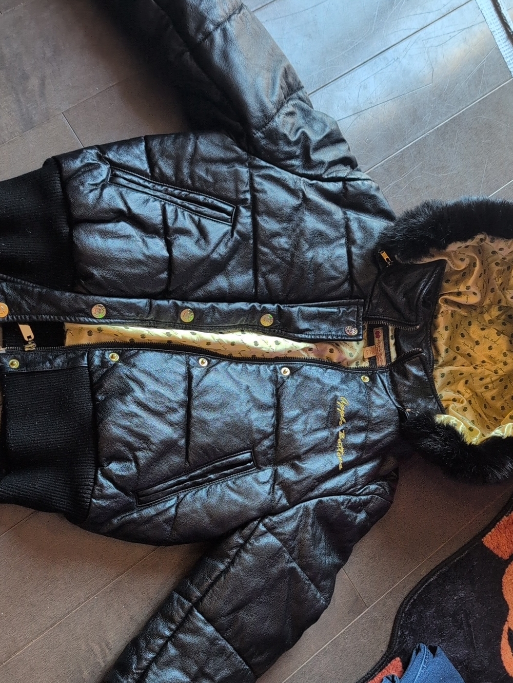 Apple Bottoms Black & Gold Leather Puffer Jacket With Faux-Fur Hood Trim